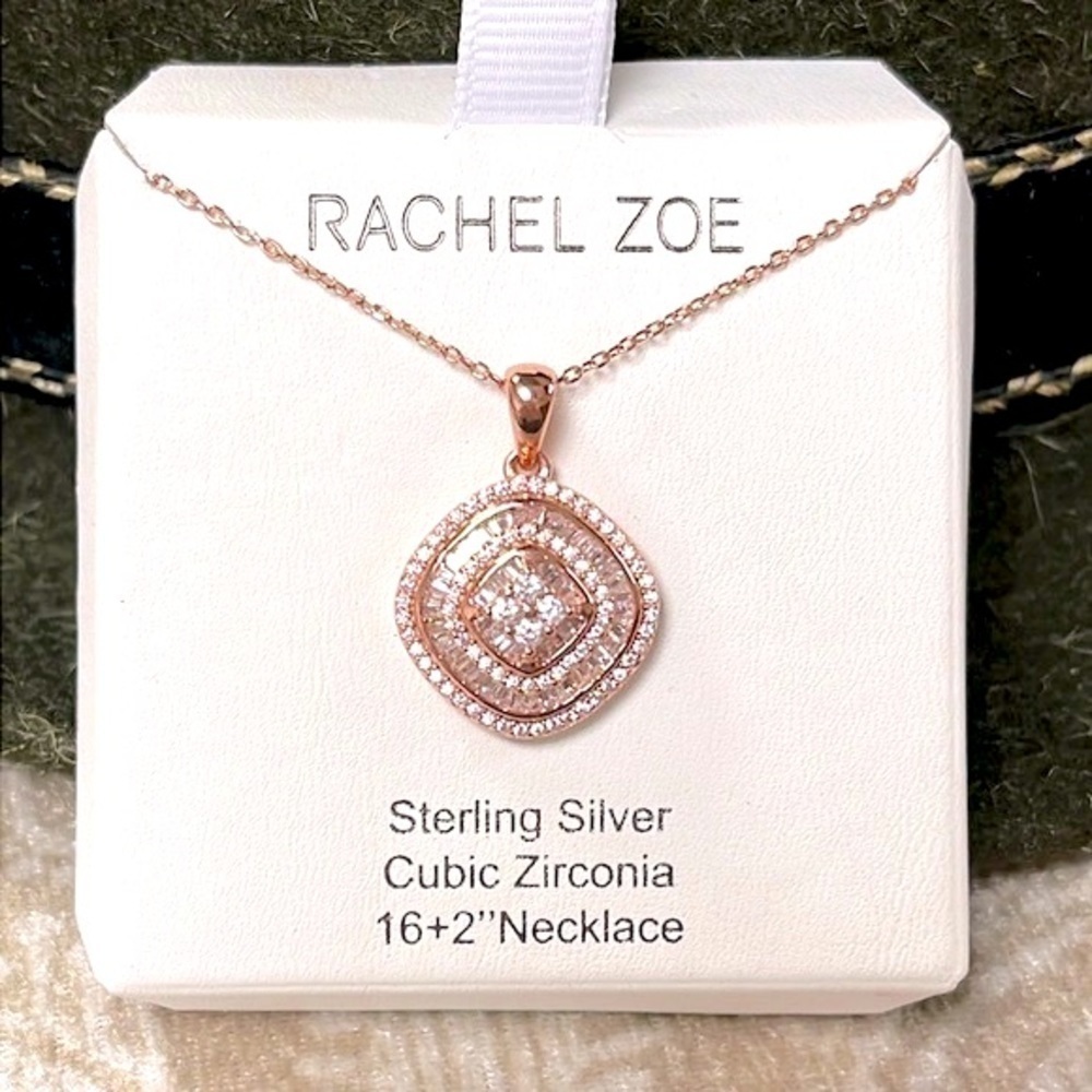 Brand New Rachel Zoe Sterling Silver Rose Gold Halo Pendant Sparkly Necklace